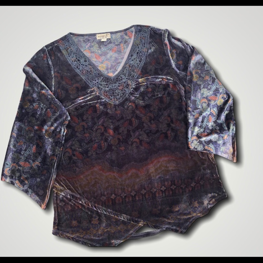 One World Lace Trimmed Velvety Blue V Neck Tunic